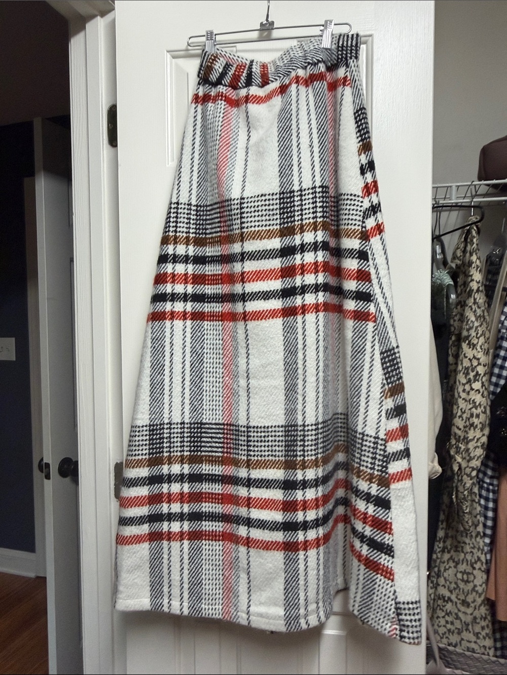 Plaid A-Line Maxi Skirt in White with Red, Black & Brown Stripes - Picture 4 of 5
